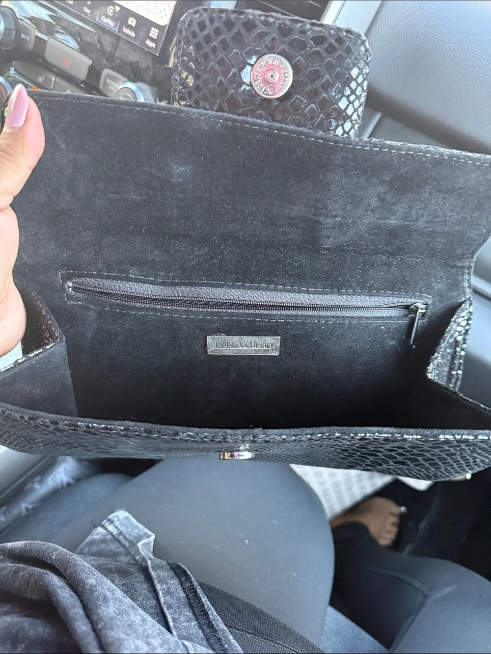 Black Snake-Embossed Gloss Clutch with Jeweled Buckle